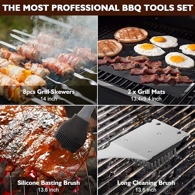 Grill Set, Grilling Gifts for Men, 34PCS BBQ Tools Accessories for Outdoor Grill with Aluminum Case, Spatula, Tongs & Skewers,Smoker Accessories for Birthday, Dad, Wedding