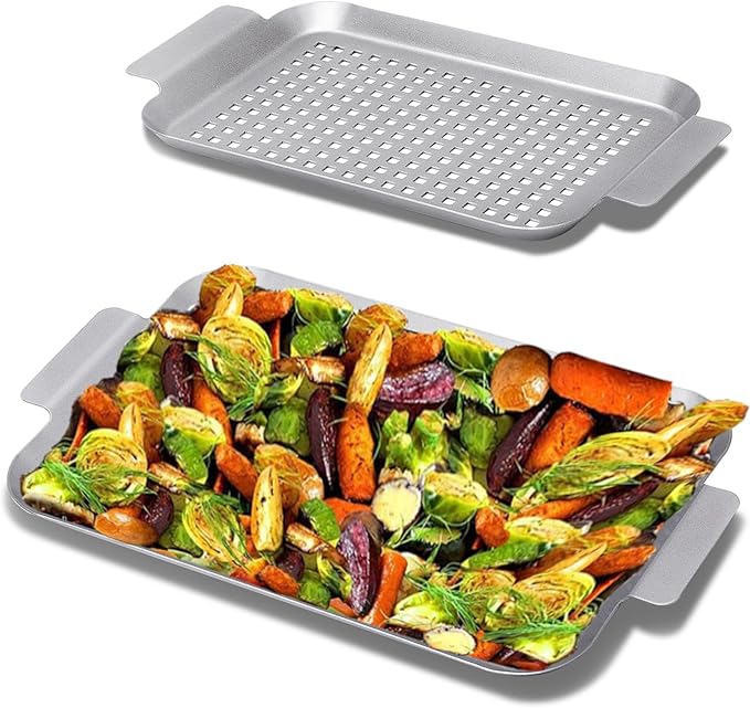 2 Pieces Grill Basket - Stainless Steel Grilling Tray Durable Grill Pans with Holes for Outdoor Grill Small and Big Topper Baskets BBQ accessories for Vegetable, Fish, Meat, Seafood 11"x 7" x 14"x 10"