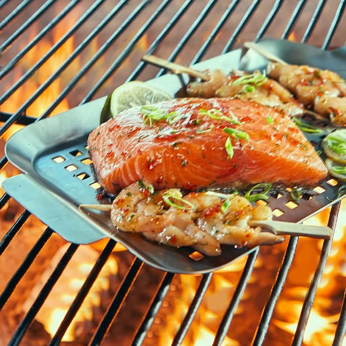 2 Pieces Grill Basket - Stainless Steel Grilling Tray Durable Grill Pans with Holes for Outdoor Grill Small and Big Topper Baskets BBQ accessories for Vegetable, Fish, Meat, Seafood 11"x 7" x 14"x 10"