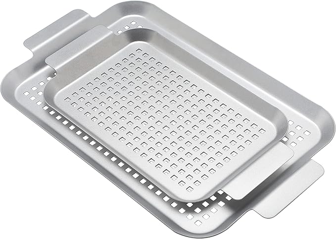 2 Pieces Grill Basket - Stainless Steel Grilling Tray Durable Grill Pans with Holes for Outdoor Grill Small and Big Topper Baskets BBQ accessories for Vegetable, Fish, Meat, Seafood 11"x 7" x 14"x 10"