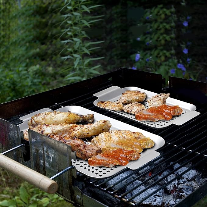 2 Pieces Grill Basket - Stainless Steel Grilling Tray Durable Grill Pans with Holes for Outdoor Grill Small and Big Topper Baskets BBQ accessories for Vegetable, Fish, Meat, Seafood 11"x 7" x 14"x 10"