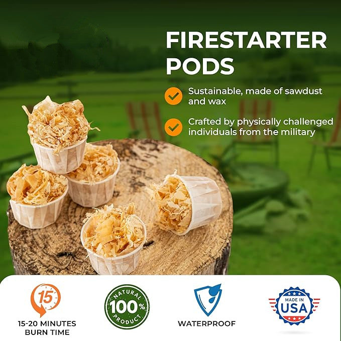 Fire Starter Pods in Resealable Packs - Fire Starters for Campfires, BBQ, Grill, Pit, Wood Stove & Charcoal Starter, 15-20-Min Burn, 30 Extra Large Pods, USA Made, Brown, 3.2 Lbs