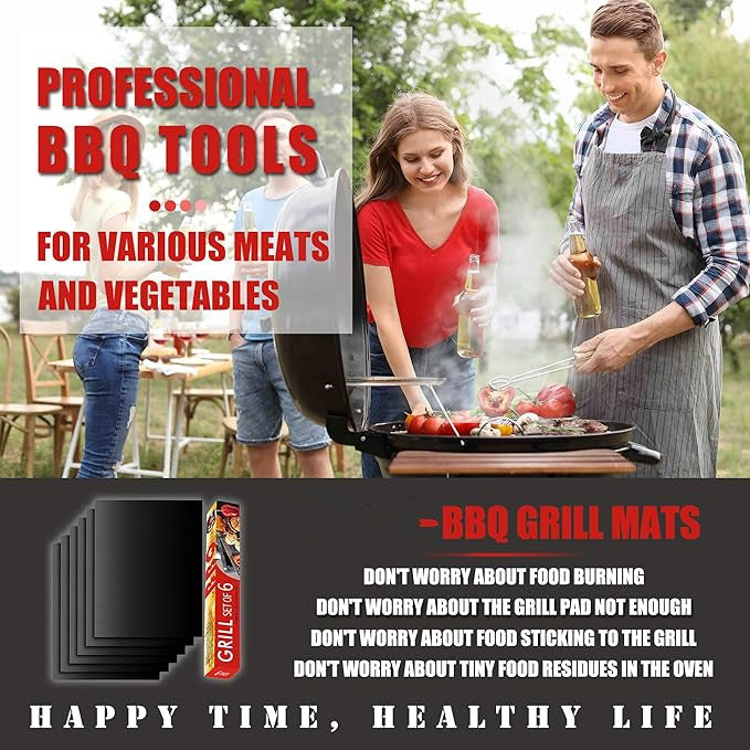 Grill Mat Set of 6-100% Non-Stick Reusable Mats for Gas, Charcoal or Electric Grills - Easy to Clean - 15.75 x 13-Inch, Black