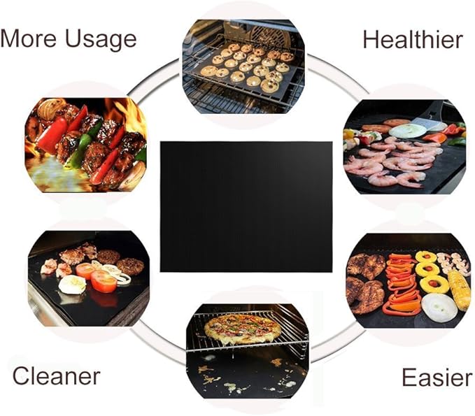 Grill Mat Set of 6-100% Non-Stick Reusable Mats for Gas, Charcoal or Electric Grills - Easy to Clean - 15.75 x 13-Inch, Black