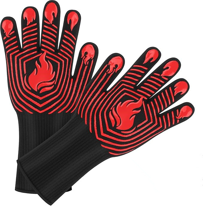 BBQ Gloves, 1472°F Heat Resistant Gloves Fireproof Mitts,Grilling Gloves Silicone Non-Slip Washable Oven Gloves, Kitchen Gloves for Barbecue, Grilling, Cooking, Baking, Camping, Smoker (Red)