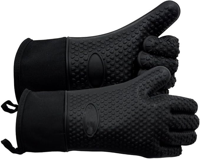 BBQ Gloves, Grilling Gloves Heat Resistant Oven Gloves, Kitchen Silicone Oven Mitts, Long Waterproof Non-Slip Pot Holder for Barbecue, Cooking, Baking (Black)