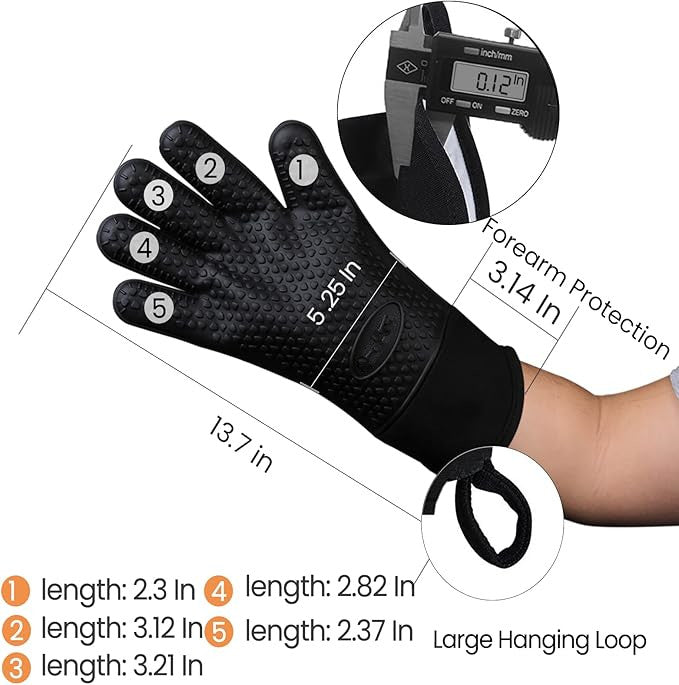BBQ Gloves, Grilling Gloves Heat Resistant Oven Gloves, Kitchen Silicone Oven Mitts, Long Waterproof Non-Slip Pot Holder for Barbecue, Cooking, Baking (Black)