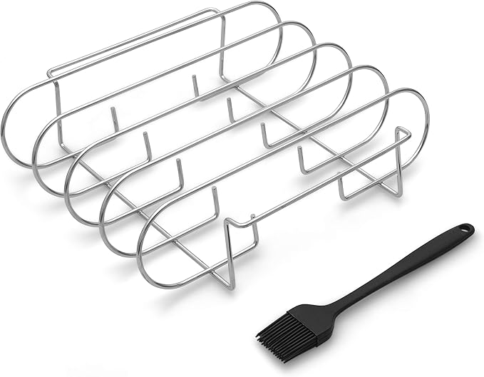 Rib Rack with 4 Slots - Heavy Duty Stainless Steel Barbecue Meat Roasting Grilling Stand with 2 Easy Grip Handles - Complete with Silicone Basting Brush