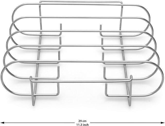 Rib Rack with 4 Slots - Heavy Duty Stainless Steel Barbecue Meat Roasting Grilling Stand with 2 Easy Grip Handles - Complete with Silicone Basting Brush