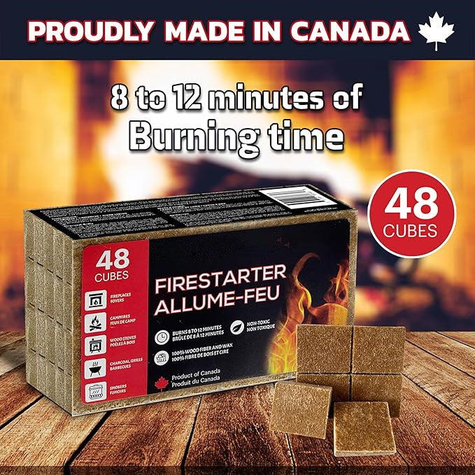 Fire Starter Pack of 48 Natural Fire Starters Cubes for Campfires, Charcoal, BBQ, Grill Pit, Fireplace, Wood Stoves, Smokers and Camping - Easy to Ignite and Non Toxic (48 Squares)