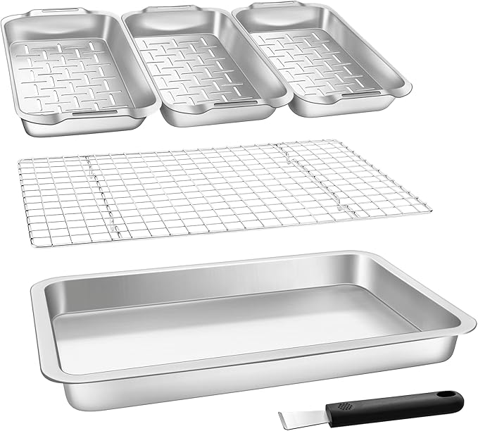 Grill Basket Set, 6-Piece Stainless Steel Large Grill Pans, 16.5" x 11" Pan for Outdoor Grill with Cooling Rack, BBQ Grilling Baskets Accessories for Vegetables, Fish, Meat, Great Grilling Gifts for Men