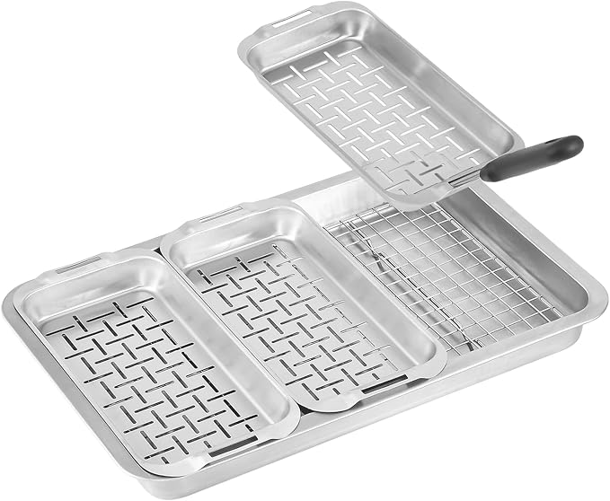 Grill Basket Set, 6-Piece Stainless Steel Large Grill Pans, 16.5" x 11" Pan for Outdoor Grill with Cooling Rack, BBQ Grilling Baskets Accessories for Vegetables, Fish, Meat, Great Grilling Gifts for Men