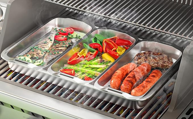 Grill Basket Set, 6-Piece Stainless Steel Large Grill Pans, 16.5" x 11" Pan for Outdoor Grill with Cooling Rack, BBQ Grilling Baskets Accessories for Vegetables, Fish, Meat, Great Grilling Gifts for Men