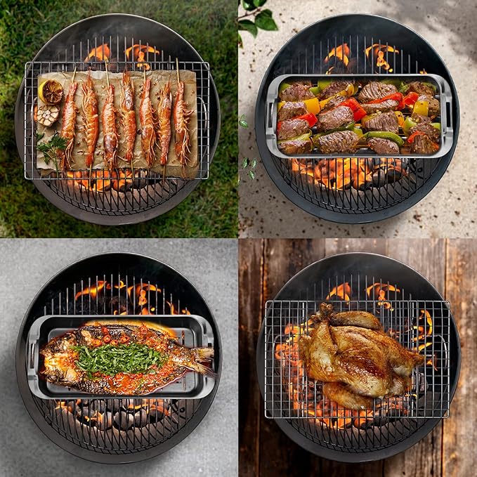 Grill Basket Set, 6-Piece Stainless Steel Large Grill Pans, 16.5" x 11" Pan for Outdoor Grill with Cooling Rack, BBQ Grilling Baskets Accessories for Vegetables, Fish, Meat, Great Grilling Gifts for Men