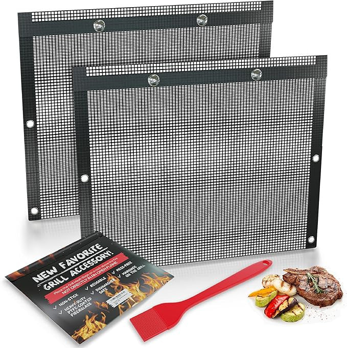 Non-Stick Large BBQ Grilling Bags + Basting Brush - Reusable PTFE Mesh Indoor Outdoor Charcoal Barbecue Grill Bag Accessories, Heat-Resistant Up to 500 F, Easy to Clean, Dishwasher-Safe