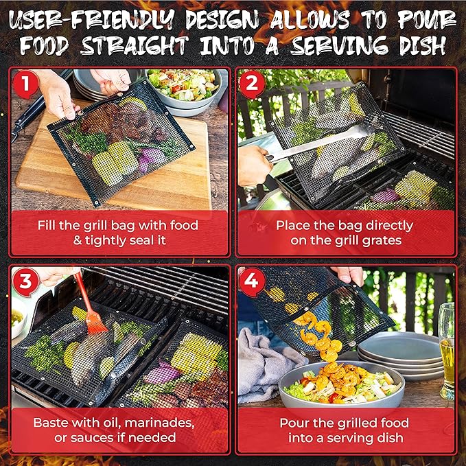 Non-Stick Large BBQ Grilling Bags + Basting Brush - Reusable PTFE Mesh Indoor Outdoor Charcoal Barbecue Grill Bag Accessories, Heat-Resistant Up to 500 F, Easy to Clean, Dishwasher-Safe