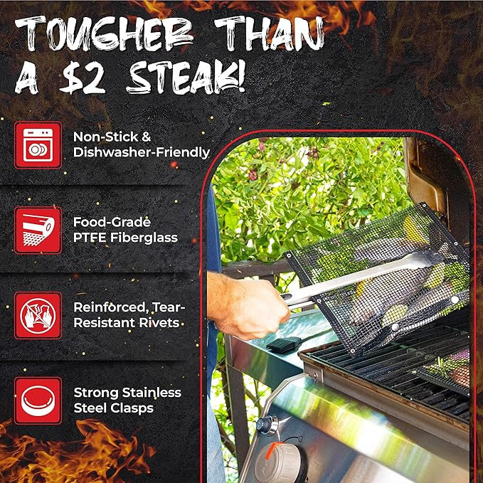 Non-Stick Large BBQ Grilling Bags + Basting Brush - Reusable PTFE Mesh Indoor Outdoor Charcoal Barbecue Grill Bag Accessories, Heat-Resistant Up to 500 F, Easy to Clean, Dishwasher-Safe