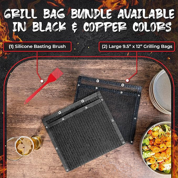 Non-Stick Large BBQ Grilling Bags + Basting Brush - Reusable PTFE Mesh Indoor Outdoor Charcoal Barbecue Grill Bag Accessories, Heat-Resistant Up to 500 F, Easy to Clean, Dishwasher-Safe