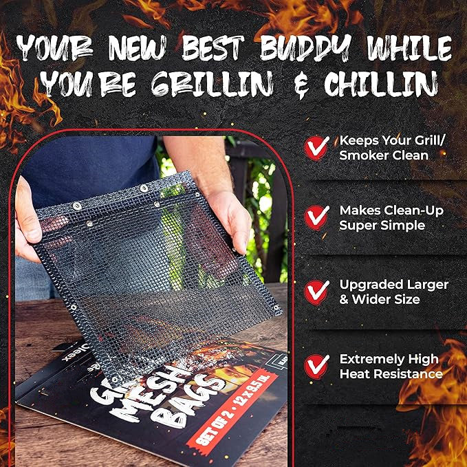 Non-Stick Large BBQ Grilling Bags + Basting Brush - Reusable PTFE Mesh Indoor Outdoor Charcoal Barbecue Grill Bag Accessories, Heat-Resistant Up to 500 F, Easy to Clean, Dishwasher-Safe