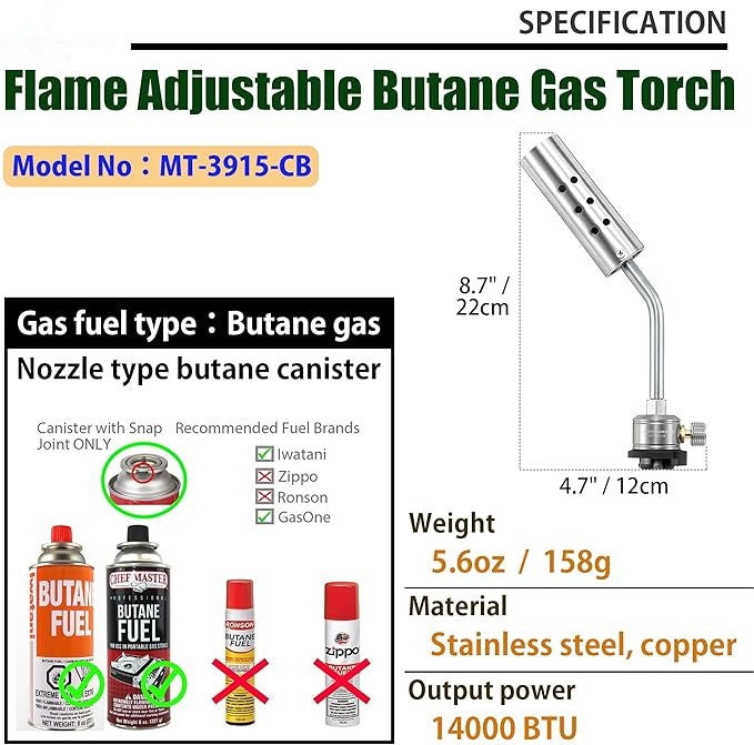 Kitchen Cooking Torch Grill Torch Charcoal Starter with Flame Control Valve for BBQ Campfire Fireplace MT-3915 (Gas Fuel Not Included) (Butane Torch (MT-3915-CB))