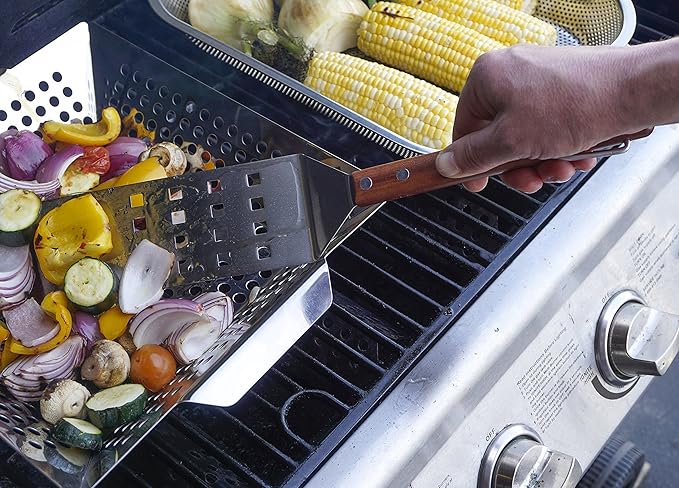 BBQ Long Spatula Flipper, 16.25" | Flip Burgers & Other Food w/ Long Handle that Keeps Hands Safe from Fire | Made from Stainless Steel & Rosewood