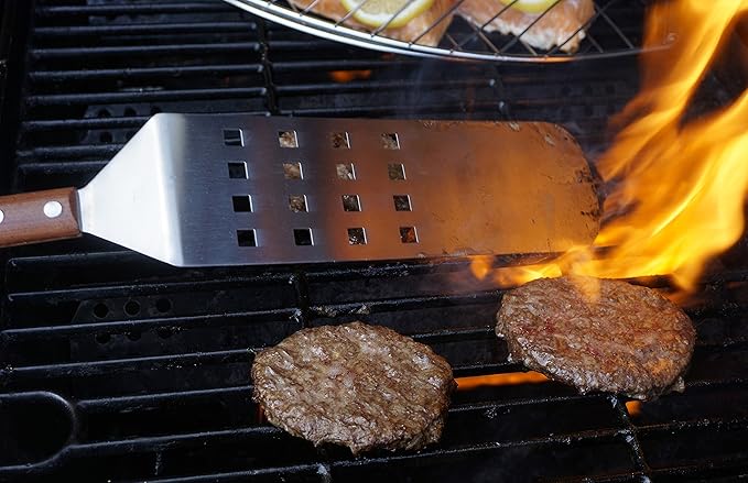 BBQ Long Spatula Flipper, 16.25" | Flip Burgers & Other Food w/ Long Handle that Keeps Hands Safe from Fire | Made from Stainless Steel & Rosewood