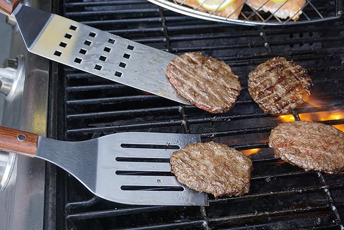 BBQ Long Spatula Flipper, 16.25" | Flip Burgers & Other Food w/ Long Handle that Keeps Hands Safe from Fire | Made from Stainless Steel & Rosewood