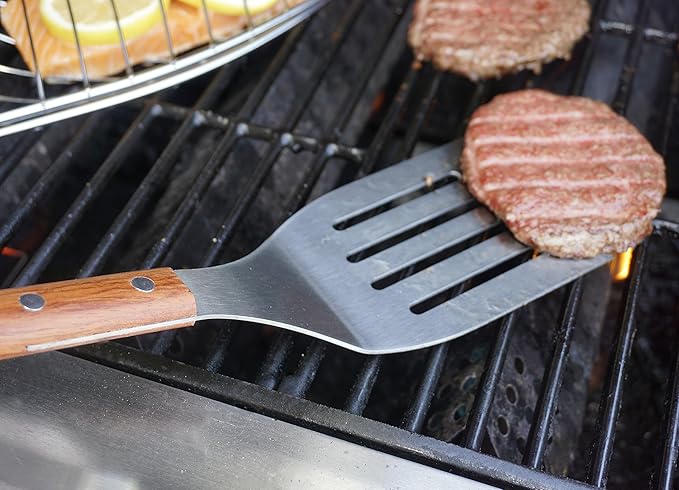 BBQ Grill Spatula Flipper, 18" | Flip Burgers & Other Food w/ Long Handle that Keeps Hands Safe from Fire | Made from Stainless Steel & Rosewood