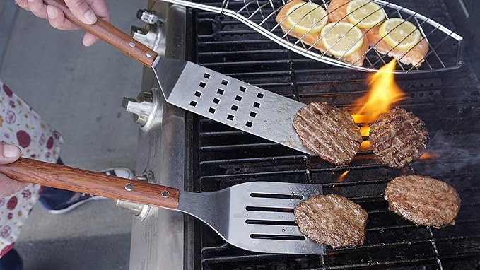 BBQ Grill Spatula Flipper, 18" | Flip Burgers & Other Food w/ Long Handle that Keeps Hands Safe from Fire | Made from Stainless Steel & Rosewood
