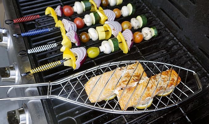 BBQ Basket, 6" x 14.75" | Fits 1 Whole Fish or Multiple Fillets | Made from Stainless Steel w/ Rosewood Handle | Holds Fish in Place for Perfect Roasting,Silver