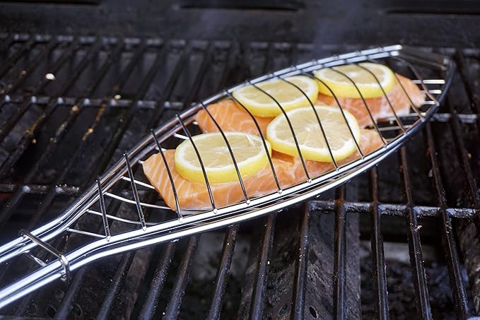 BBQ Basket, 6" x 14.75" | Fits 1 Whole Fish or Multiple Fillets | Made from Stainless Steel w/ Rosewood Handle | Holds Fish in Place for Perfect Roasting,Silver