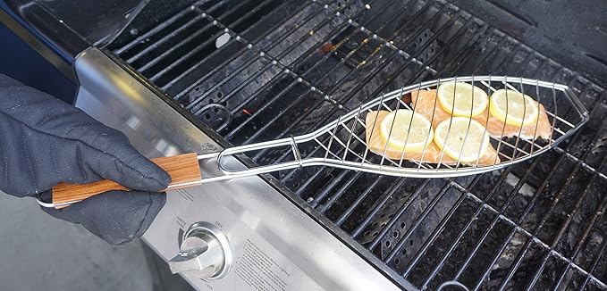 BBQ Basket, 6" x 14.75" | Fits 1 Whole Fish or Multiple Fillets | Made from Stainless Steel w/ Rosewood Handle | Holds Fish in Place for Perfect Roasting,Silver
