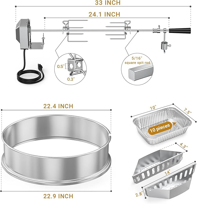 Upgrade Stainless Steel Rotisserie Ring Kit for Weber 22-inch Kettle Charcoal Grills, Comes with Charcoal Baskets and 10 Pack Drip Pans