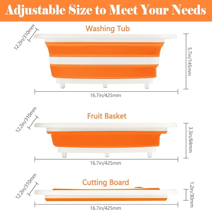 Collapsible Cutting Board, Foldable Chopping Board with Colander, Multifunctional Kitchen Vegetable Washing Basket Silicone Dish Tub for BBQ Prep/Picnic/Camping
