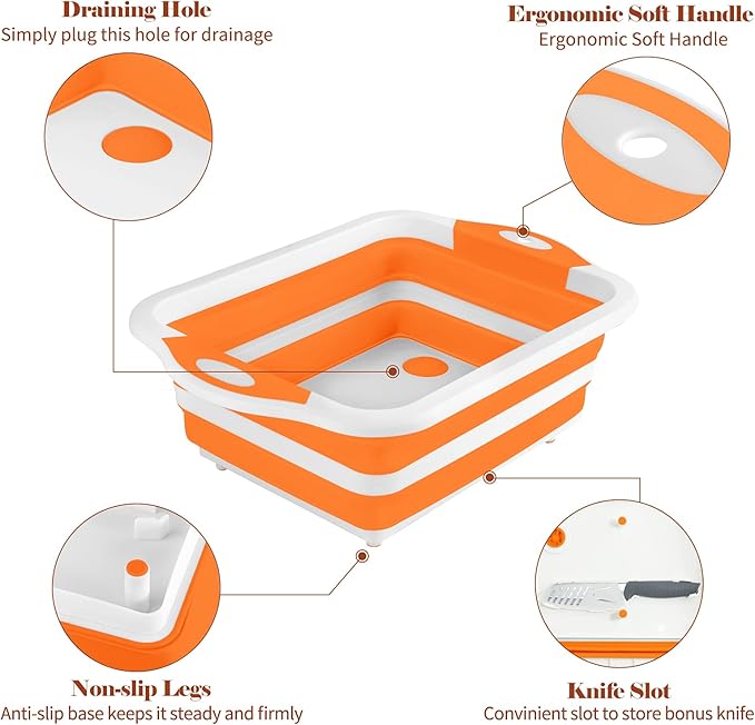 Collapsible Cutting Board, Foldable Chopping Board with Colander, Multifunctional Kitchen Vegetable Washing Basket Silicone Dish Tub for BBQ Prep/Picnic/Camping