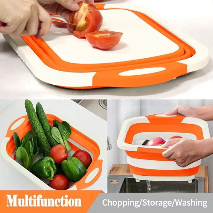 Collapsible Cutting Board, Foldable Chopping Board with Colander, Multifunctional Kitchen Vegetable Washing Basket Silicone Dish Tub for BBQ Prep/Picnic/Camping