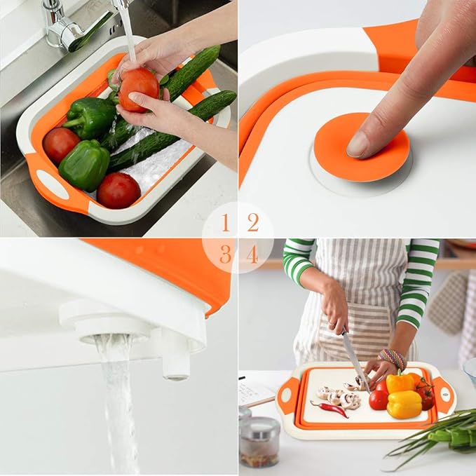 Collapsible Cutting Board, Foldable Chopping Board with Colander, Multifunctional Kitchen Vegetable Washing Basket Silicone Dish Tub for BBQ Prep/Picnic/Camping