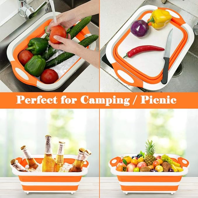Collapsible Cutting Board, Foldable Chopping Board with Colander, Multifunctional Kitchen Vegetable Washing Basket Silicone Dish Tub for BBQ Prep/Picnic/Camping