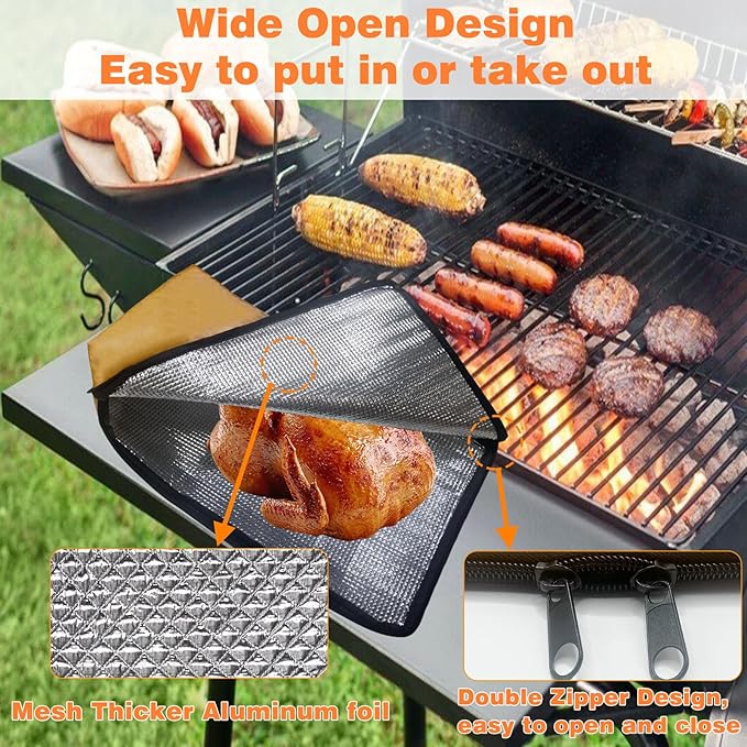 BBQ Blanket for Resting Meat, BBQ Brisket Blanket Meat Resting Blanket for Smoking, Reusable Smoker Grilling Meat Insulated Resting Bag with Wide Mouth for Large Brisket/Beef/Turkey (Regular 18in)