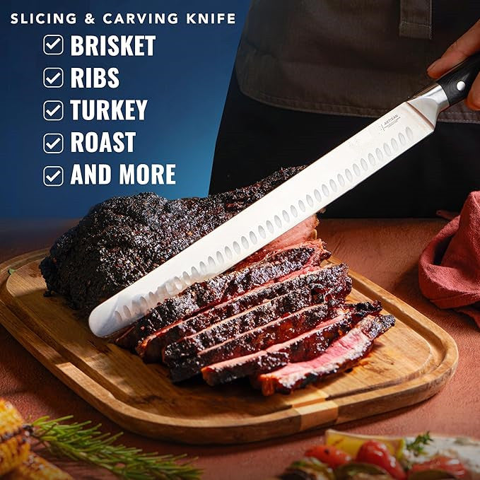 Slicing Carving Knife – 12" Brisket Knife, Meat Cutting and BBQ Knife – Razor Sharp German Steel, Sheath Included, Full Tang, Ergonomic Handle Design, Grilling Gifts for Men