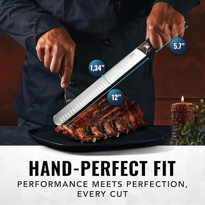 Slicing Carving Knife – 12" Brisket Knife, Meat Cutting and BBQ Knife – Razor Sharp German Steel, Sheath Included, Full Tang, Ergonomic Handle Design, Grilling Gifts for Men