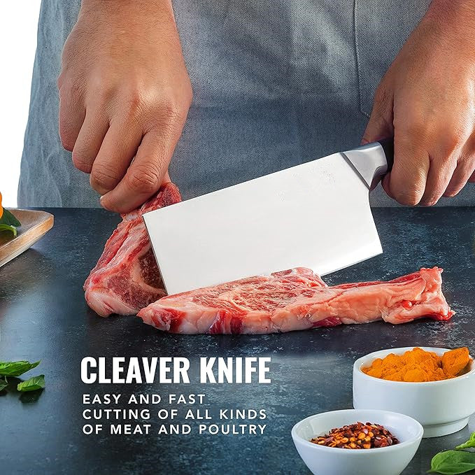Cleaver Knife - 7" Meat Cleaver, Butcher Knife for Meat Cutting – German Steel Blade, Full Tang, Ergonomic Handle Design