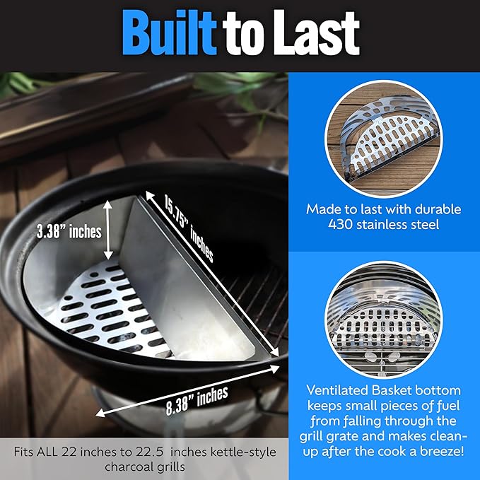 Charcoal Grill Inserts for Low ‘N Slow & High-Heat Cooking - Patented Stainless Steel Accessories for Kettle Grills - Charcoal Basket 18"