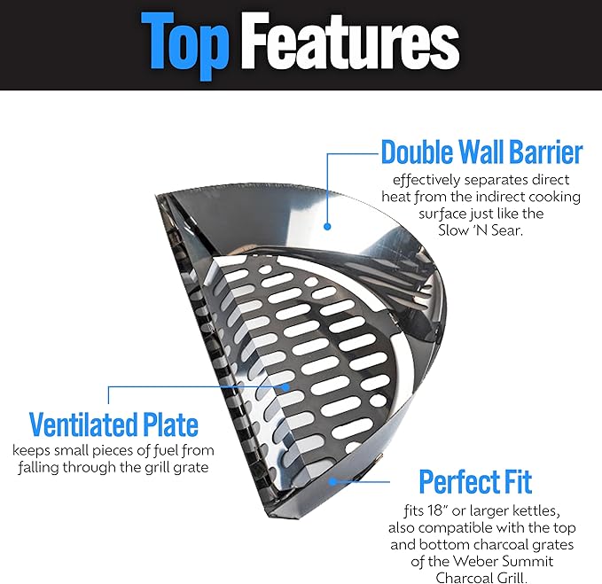 Charcoal Grill Inserts for Low ‘N Slow & High-Heat Cooking - Patented Stainless Steel Accessories for Kettle Grills - Charcoal Basket 18"