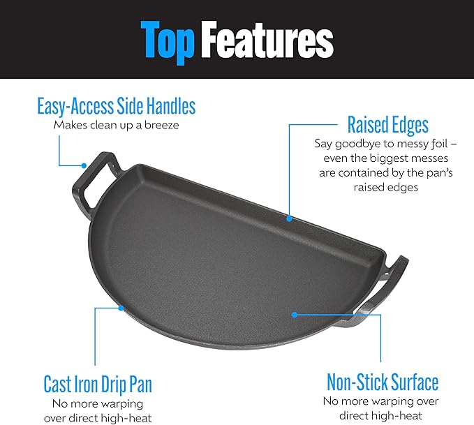 Cast Iron Drip Griddle Pan 22", 3-in-1 Versatile Grill Accessory for Searing, Griddle and Drippings - Fits Standard 22” Kettle Grills