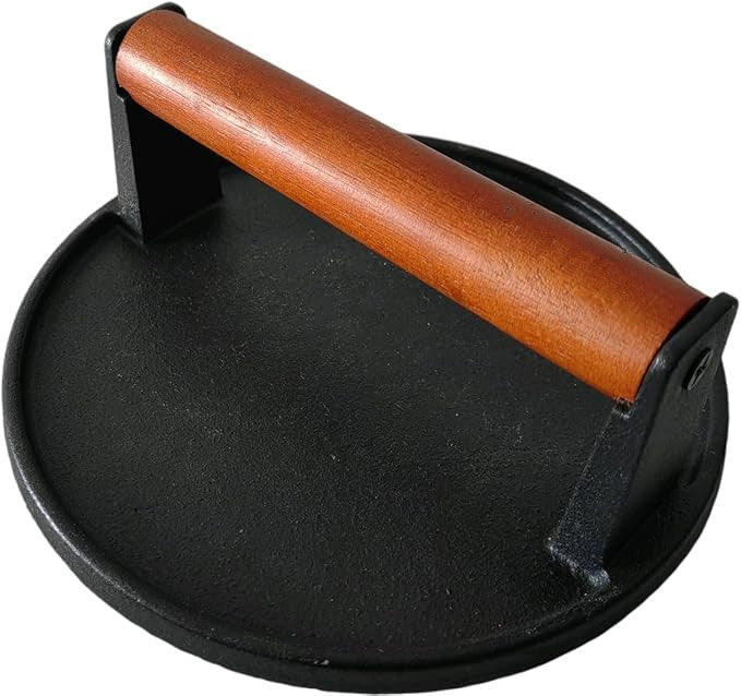 Cast Iron Grill Presses with Wood Handle (Round Flat Bottom)