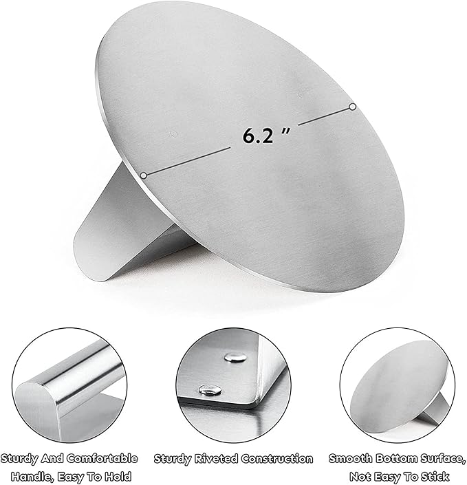 Stainless Steel Burger Press, 6.2 inch Round Burger Smasher, Professional Griddle Accessories Kit, Grill Press Perfect for Flat Top Griddle Grill Cooking