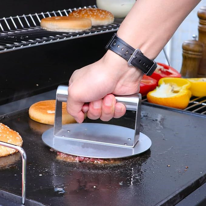 Stainless Steel Burger Press, 6.2 inch Round Burger Smasher, Professional Griddle Accessories Kit, Grill Press Perfect for Flat Top Griddle Grill Cooking