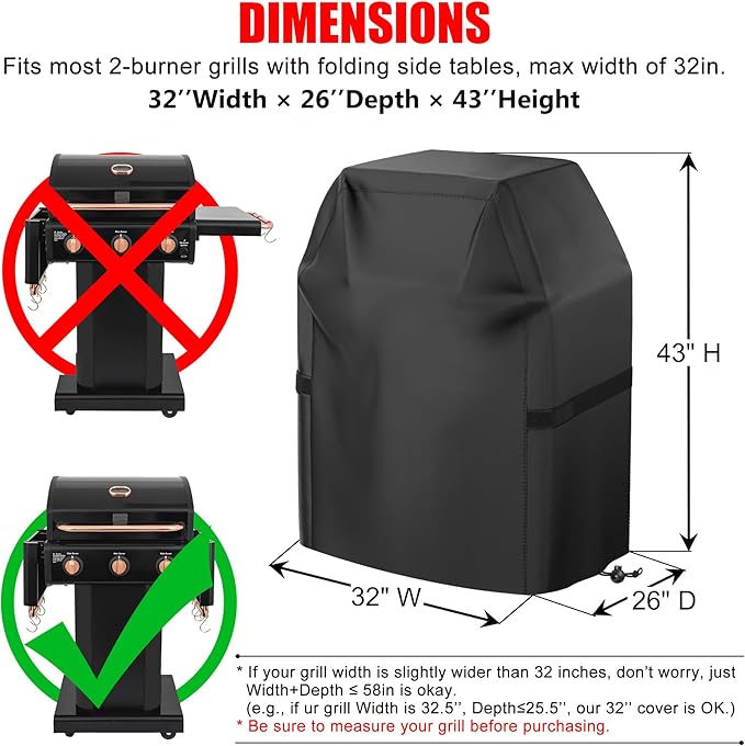 Grill Cover, 32 inch Small Gas Grill Cover for Outdoor Grill, Waterproof, Weather Resistant, UV & Fade Resistant, BBQ Grill Cover with Hook and Loop Straps, Black