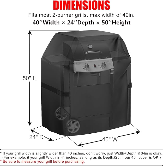 Grill Cover, 40 inch Small Gas Grill Cover for Outdoor Grill, Waterproof, Weather Resistant, UV & Fade Resistant, BBQ Grill Cover with Hook and Loop Straps, Black